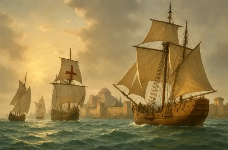 1453 yılında Osmanlı donanmasını aşarak Haliç’e ulaşan üç Ceneviz ve bir Bizans gemisini gösteren tarihsel deniz sahnesi.